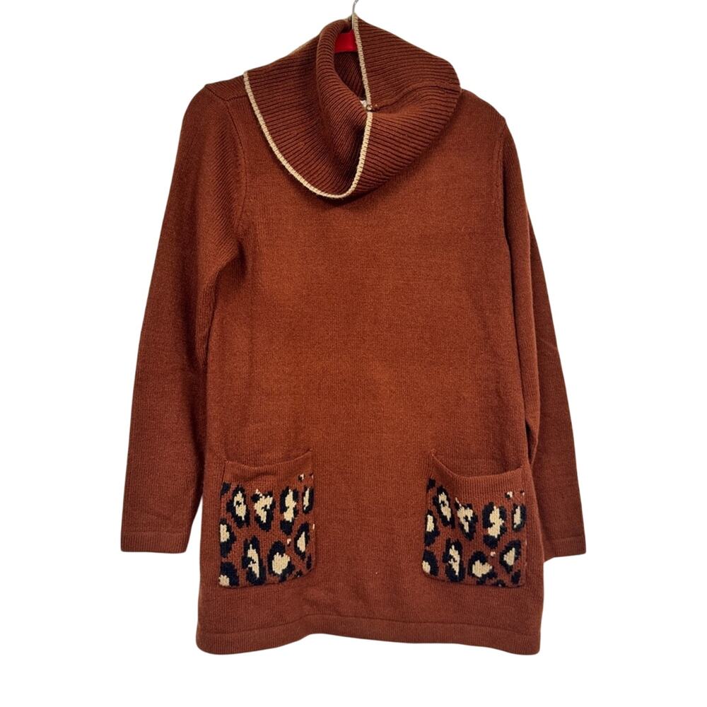 Logo Lori Goldstein Brown Animal Print Trim Cowl Neck Tunic Sweater Womens S
